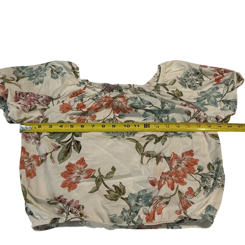 Floral Blouse Women Large Cream Pink Blue Puff Sleeve Crop Top - Picture 2 of 8